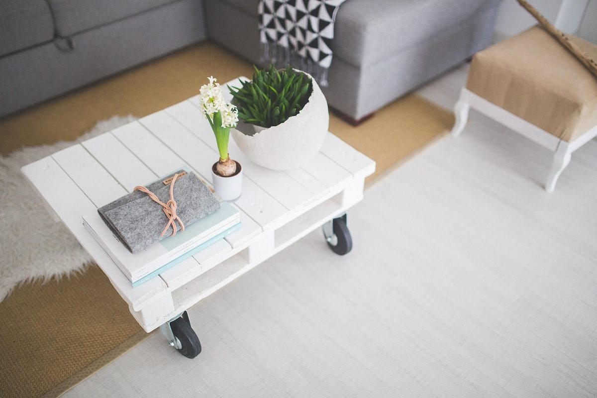 Table basse blanc et noir avec plantes vertes dans un salon moderne et épuré