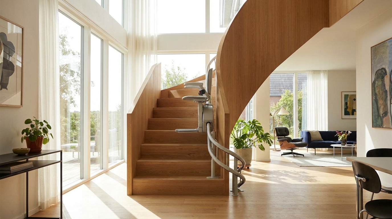 Monte-escalier moderne sur un escalier tournant, maison lumineuse
