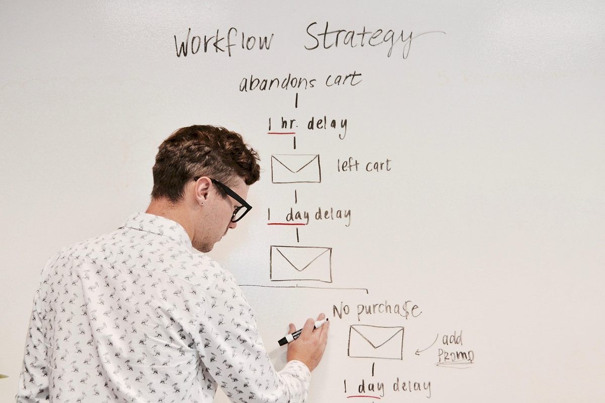Homme en train de dessiner un diagramme de workflow sur un tableau blanc Homme en train de dessiner un diagramme de workflow sur un tableau blanc