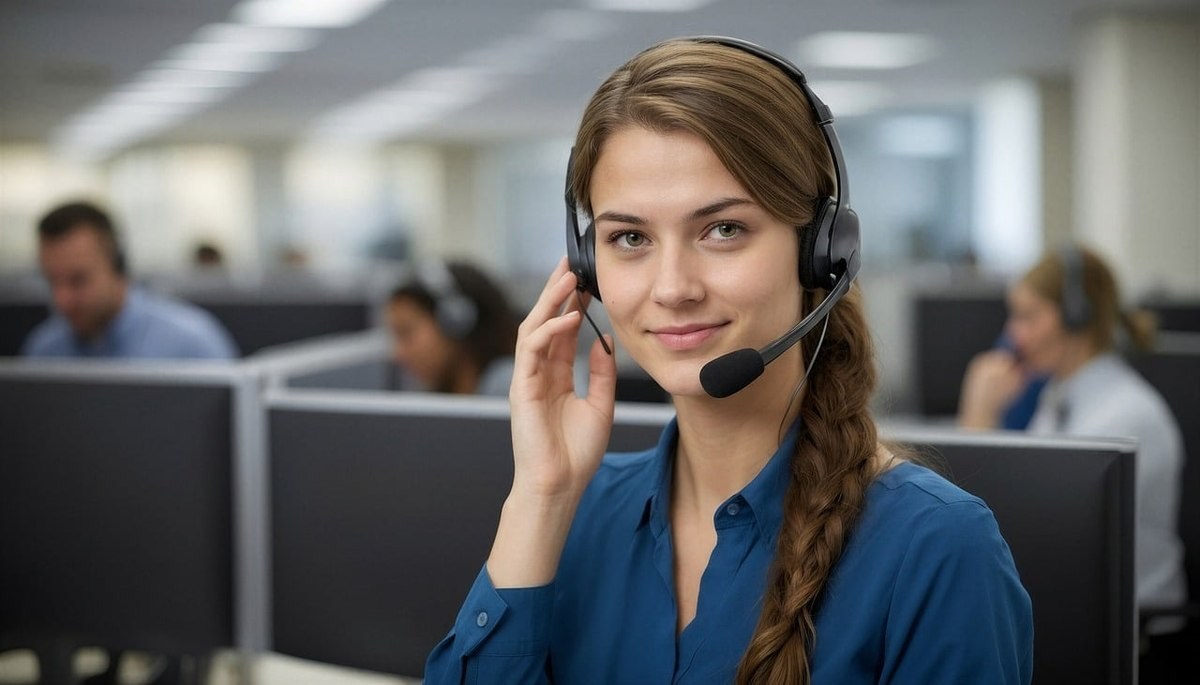 Téléprospecteur avec un casque au téléphone dans un centre d'appels